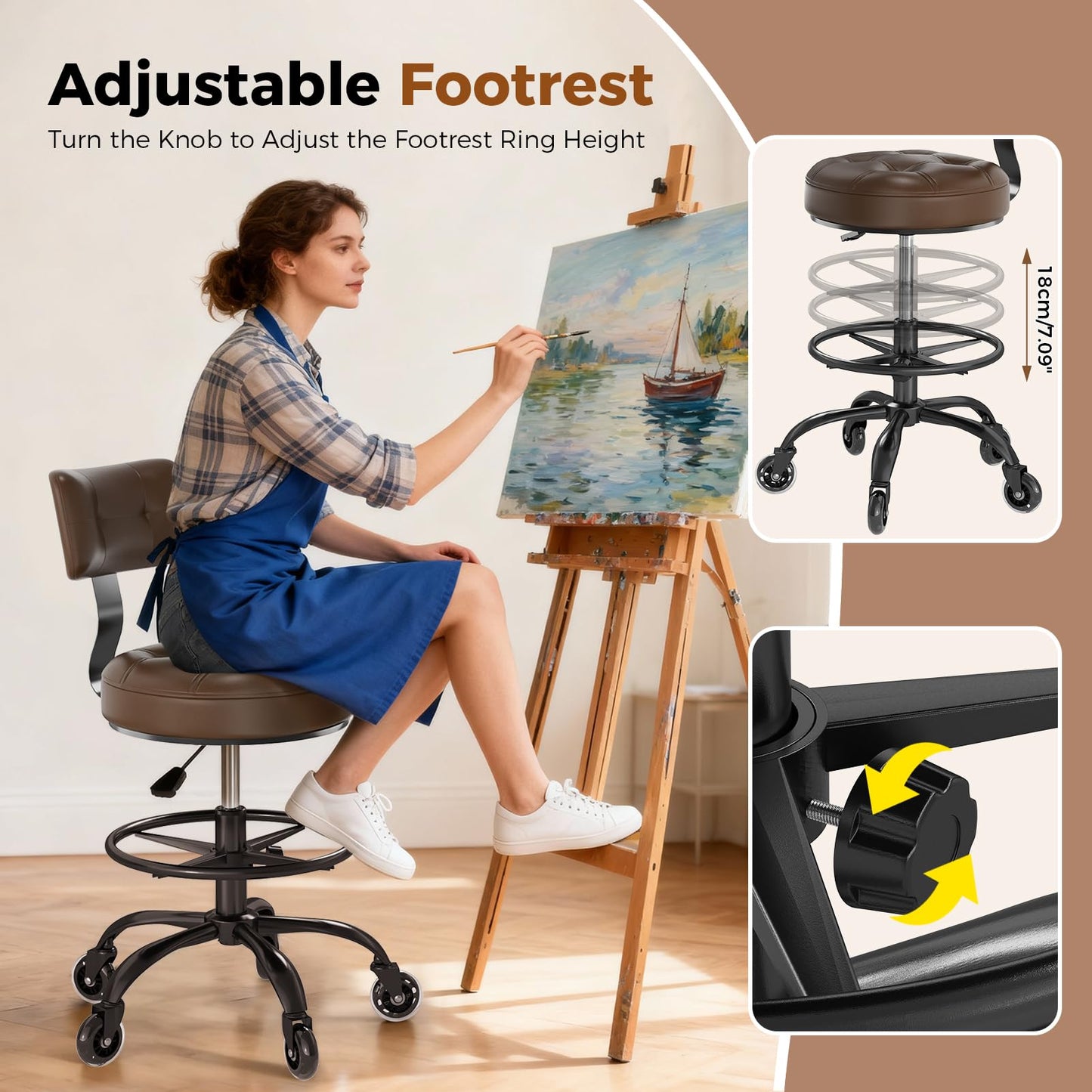 Office Drafting Chair with Footrest, Tall Height Adjustable Stool with Back Support, Heavy Duty Rolling Stool Chair with Wheels for Office Home Kitchen Bar Shop Guitar Studio Medical Vanity(Brown)