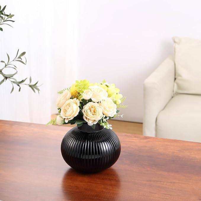 Black Glass Vase, Flower Vases for Bouquet, Ribbed Glass Vases for Flowers, Small Black Vase for Living Room, Office, Coffee Table, Shelf, Wedding, 6 Inches