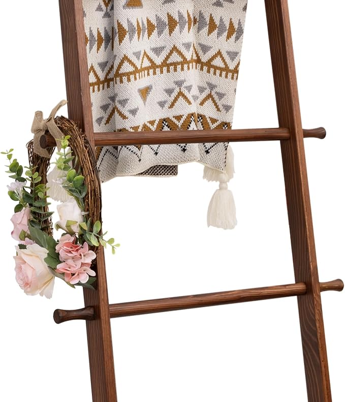Blanket Ladder, 5-Tier Wooden Quilt Stand, Decorative Ladder Shelf, Farmhouse Ladder Blanket Holder, Wall Leaning Towel Storage Rack for Living Room, Brown