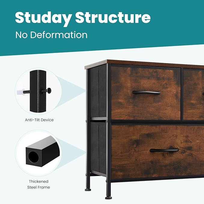 OLIXIS 5 Drawer Dresser for Bedroom, Wide Fabric Storage Tower with Wooden Top and Metal Frame, Closet Chest Organizer Furniture, TV Stand for Living Room Hallway, Brown