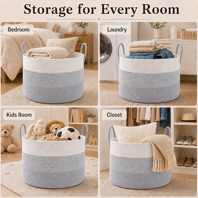JMvicyroam 65L Extra Large Blanket Basket for Living Room - Woven Cotton Rope Laundry Hamper with Reinforced Handles - Storage Bin for Pillows, Comforters & Toys - Machine Washable,White&Grey Mix