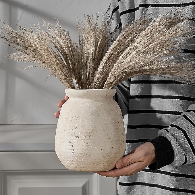 SIDUCAL Ceramic Rustic Farmhouse Vase | 7.3 Inch Pottery Decorative Flower for Home Decor | Sand Glaze Finish Boho Vase for Table, Living Room, Bathroom Decoration, Shelf Decor, Mantel, White