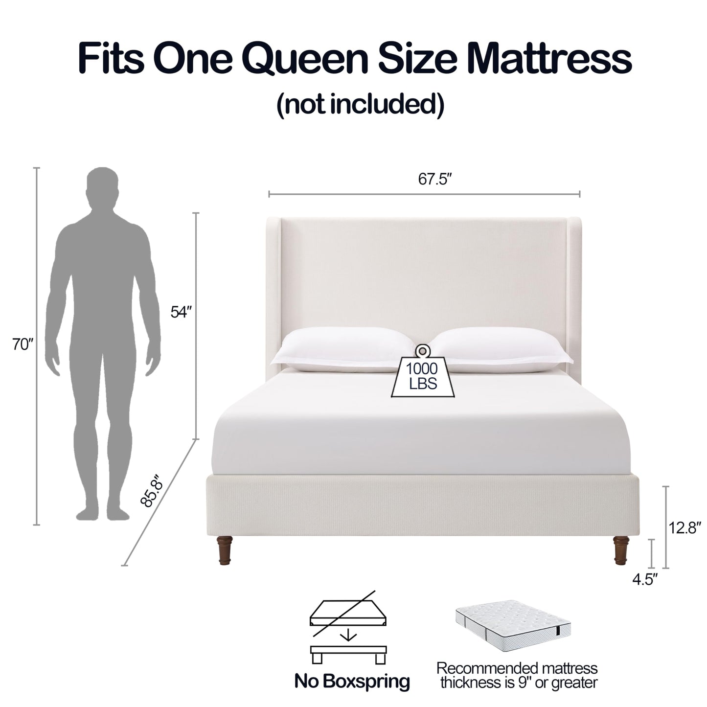 GDFStudio Tall Headboard Upholstered Bed,Queen Size Platform Bed Frame with Headboard Wingback,54" High No Box Spring Needed Easy Assembly Elegant Simplicity Cream White Chenille