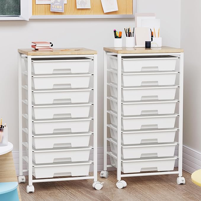 Rolling Cart with 8 Drawers, Storage Drawers Cart with Wooden Tabletop and Lockable Wheels, Craft Storage for Living Room, Office, Classroom, Craft Room, Bedroom