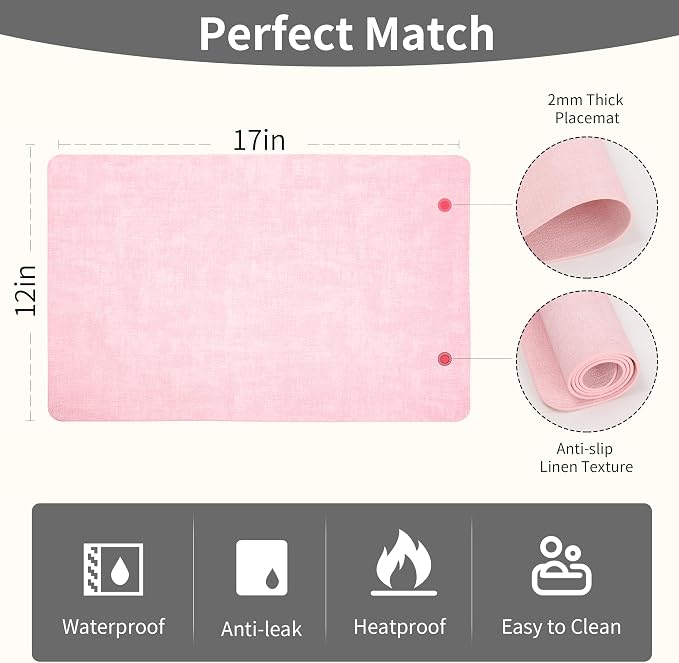 Maxpearl Faux Leather Placemats Set of 4 - Waterproof - Wipe Clean - Heat Resistant - Anti Slip Dining Table Place Mats, Suitable for Indoor & Outdoor Use, 17’’×12’’, Light Pink