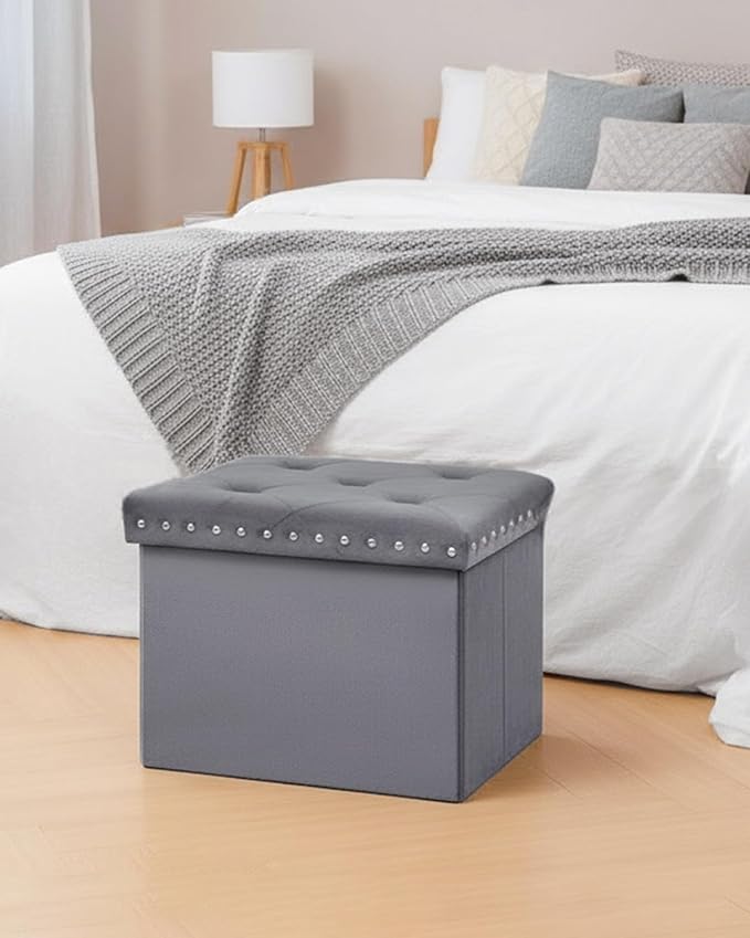B FSOBEIIALEO Storage Ottoman Cube Folding Tufted Ottomans, Storage Boxes Footrest for Bedroom, Luxury Velvet Fabric 16.5 * 12.6 * 12.6 Inches Grey