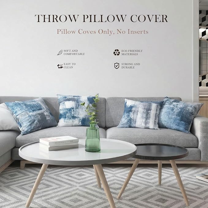 Set of 4 Blue and Grey Abstract Art Artwork Pillow Cover 16 x 16 Inch, Gallery Modern Decorative Throw Pillows Cushion Cover for Bedroom Sofa Living Room