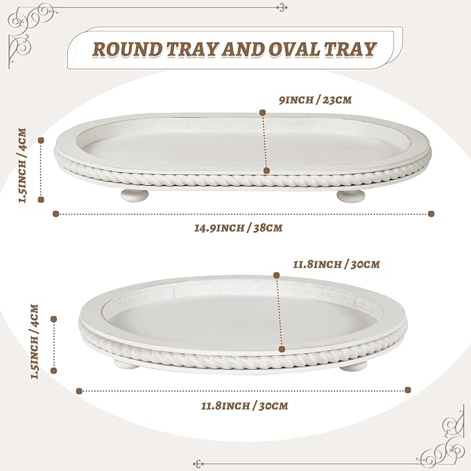 Urban Deco Wooden Tiered Tray, Oval and Round Tray Set of 2, Farmhouse Vintage Decorative Tray Stand for Coffee Table, White Serving Tray for Living Room Kitchen Home Decor - 1 Set