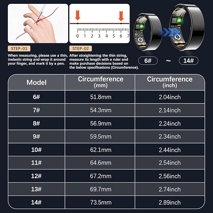 Smart Health Ring for Women Men, Fitness Tracker Ring with Heart Rate, Blood Oxygen, Sleep Tracker, Step Tracker, No Subscription Fee, IP68 Waterproof Smart Ring for iPhone & Android (Black, 10#)