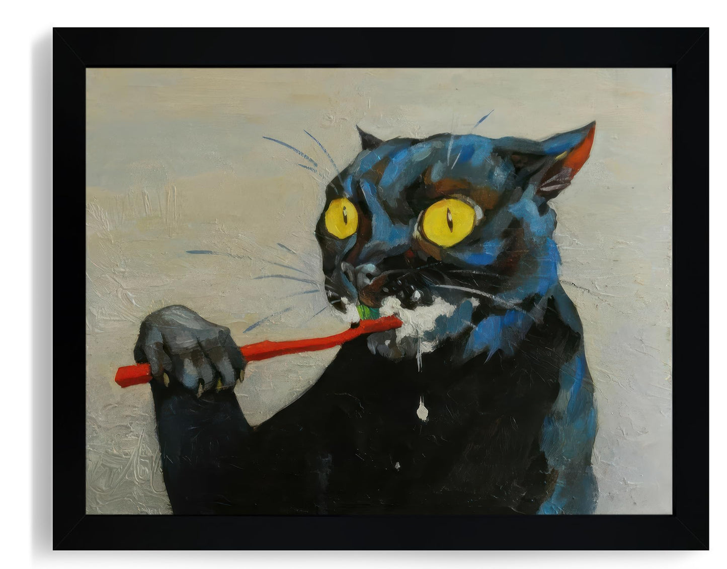 ICHZUMW Funny Black Cat Bathroom Wall Art Decor, Quirky Framed Canvas Print Painting of Cat Brushing Teeth, Humorous Animal Pictures Wall Decoration, Modern Home Artwork, Restroom Powder Room, 8x10in