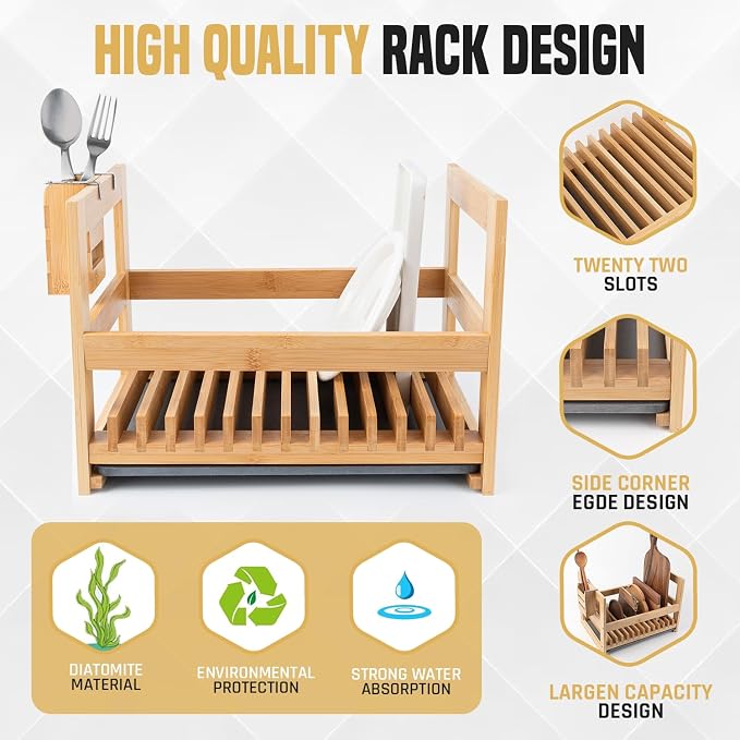 Bamboo Dish Drying Rack with Utensil Holder, Stone Dish Drying Mat, Wooden Dish Drying Rack, Functional Kitchen Organizer, Dish Drainer