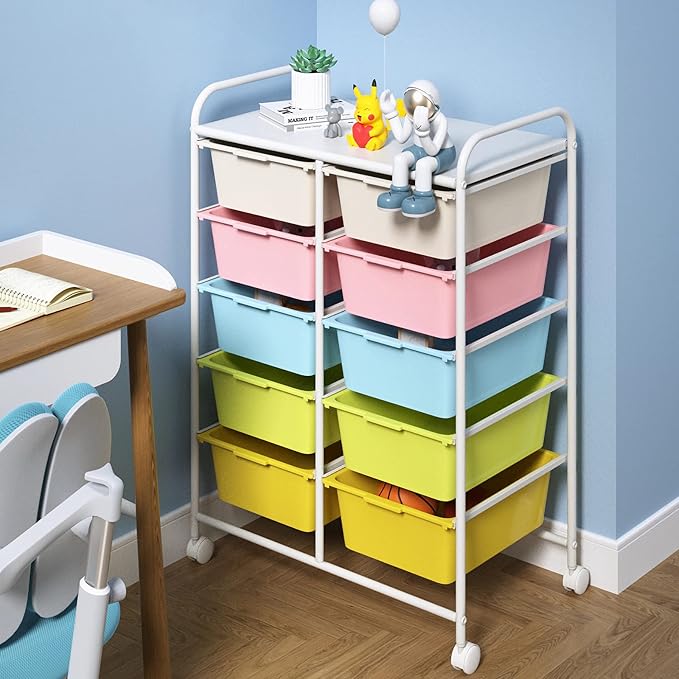 Ytaoka 10 Drawers Rolling Storage Cart, Plastic Drawer Cart with Metal Frame, Multipurpose Art Craft Cart Organizer with Wheels, Utility Cart with Drawers for Home, Office, School, Multicolor