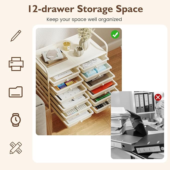 COSTWAY 12-Drawer Rolling Storage Cart, Utility Storage Organizer Cart for Tools, Scrapbook, Paper, Craft, Multipurpose Art Supply Organizer on Wheels for Home Office School, Teacher, Ivory White