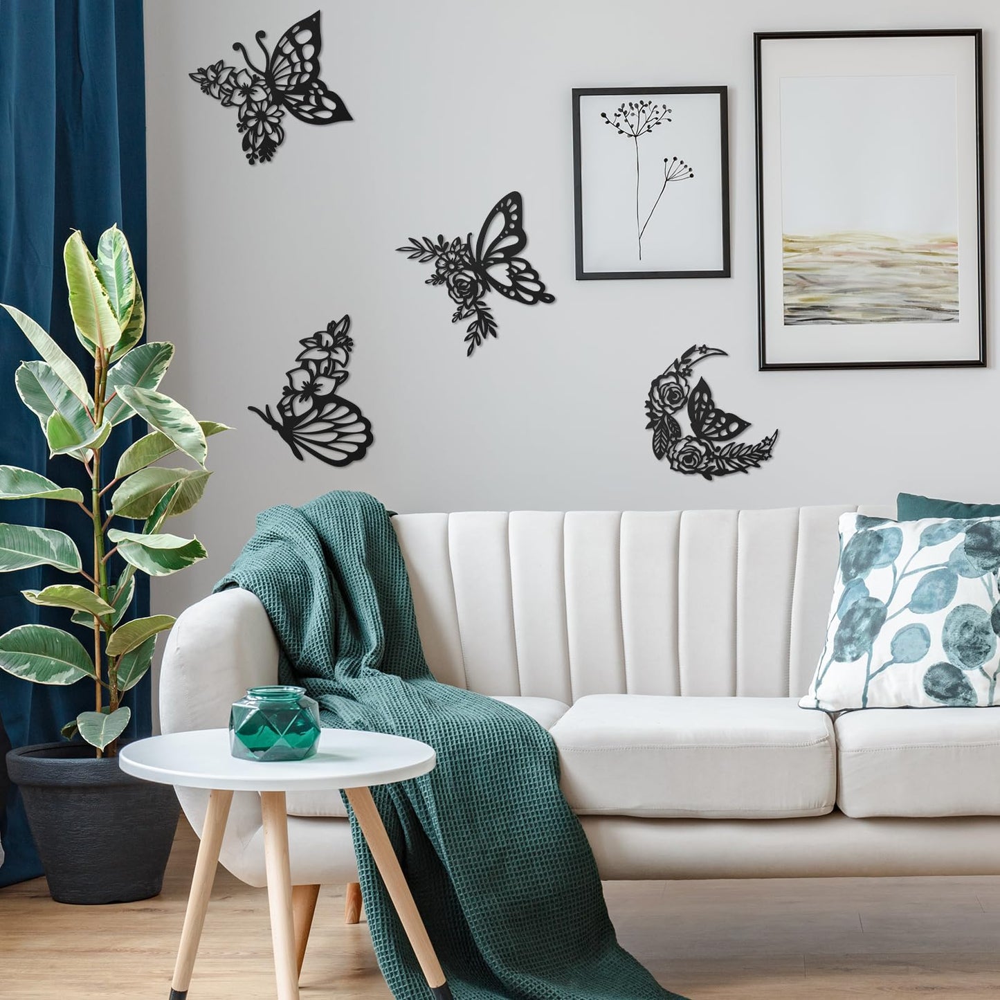 LOYIM 4 Pcs Butterfly Wall Decoration Metal Butterfly Wall Decor Metal Leaf Wall Art Moon Phases Floral Boho Wall Hanging Home Flower Appearance for Bedroom Living Room Home Indoor (Black,Graceful)