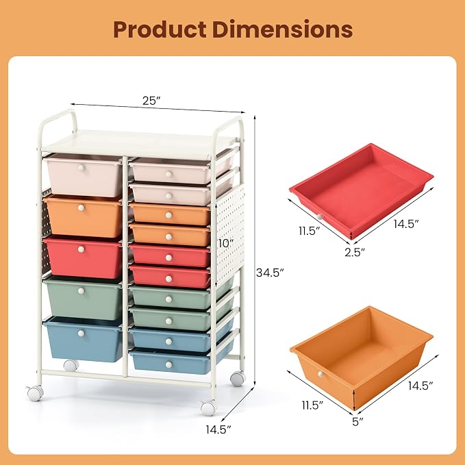 Giantex 15 Drawer Storage Cart, Rolling Craft Cart with Metal Tabletop & Pegboard, Mobile Utility Organizer Trolley with Locking Wheels, Home Office, Macaron Multicolor