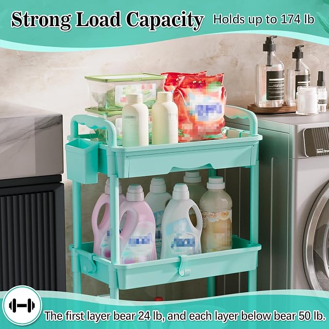 SUNALLY 3-Tier Rolling Cart with Drawer & Lockable Wheels, Bathroom Storage Organizer Multifunctional Rolling Storage Cart for Bathroom, Kitchen, Office, Craft, Makeup, Baby Essentials, Blue