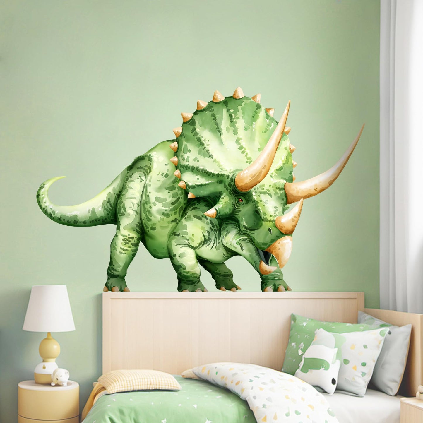 Large Dinosaur Wall Decals, Green Triceratops Dino Wall Stickers Vinyl Peel and Stick Wall Decal Self Adhesive Wall Art Sticker for Baby Nursery Kids Room Home Decor (53.7 * 34.4in)