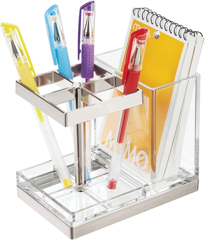 mDesign Plastic Toothbrush and Toothpaste Storage Organizer Holder - Home Decor for Bathroom Countertop - Holds Toiletries and Beauty Accessories - Lumiere Collection - Clear/Brushed