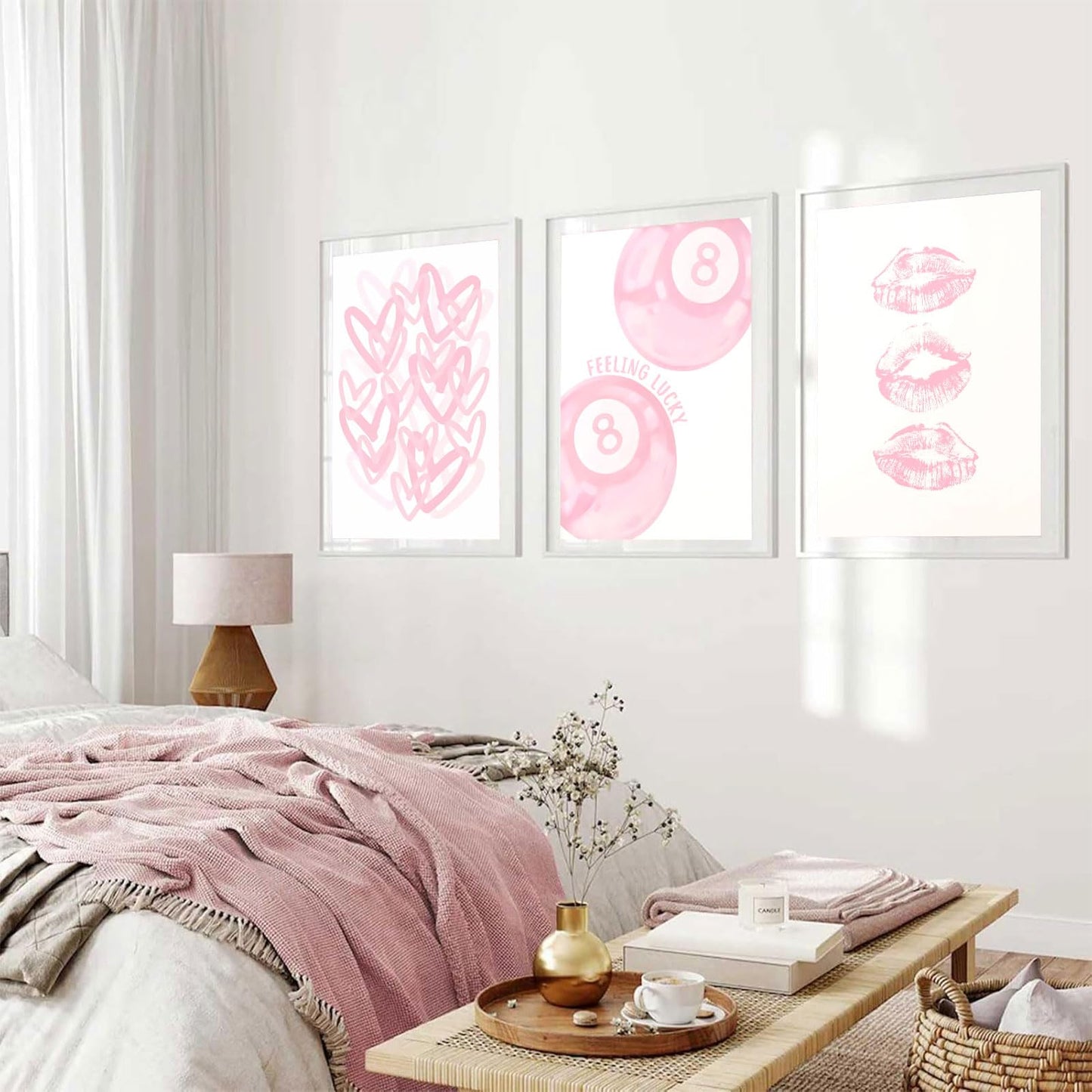 3Pcs Trendy Pink Preppy Canvas Wall Art Light Pink Cute Girly Lips Lucky 8 Ball Hearts Paintings Pictures Wall Decor Coquette Poster Printing Artwork for College Dorm Room Bedroom Home Decoration