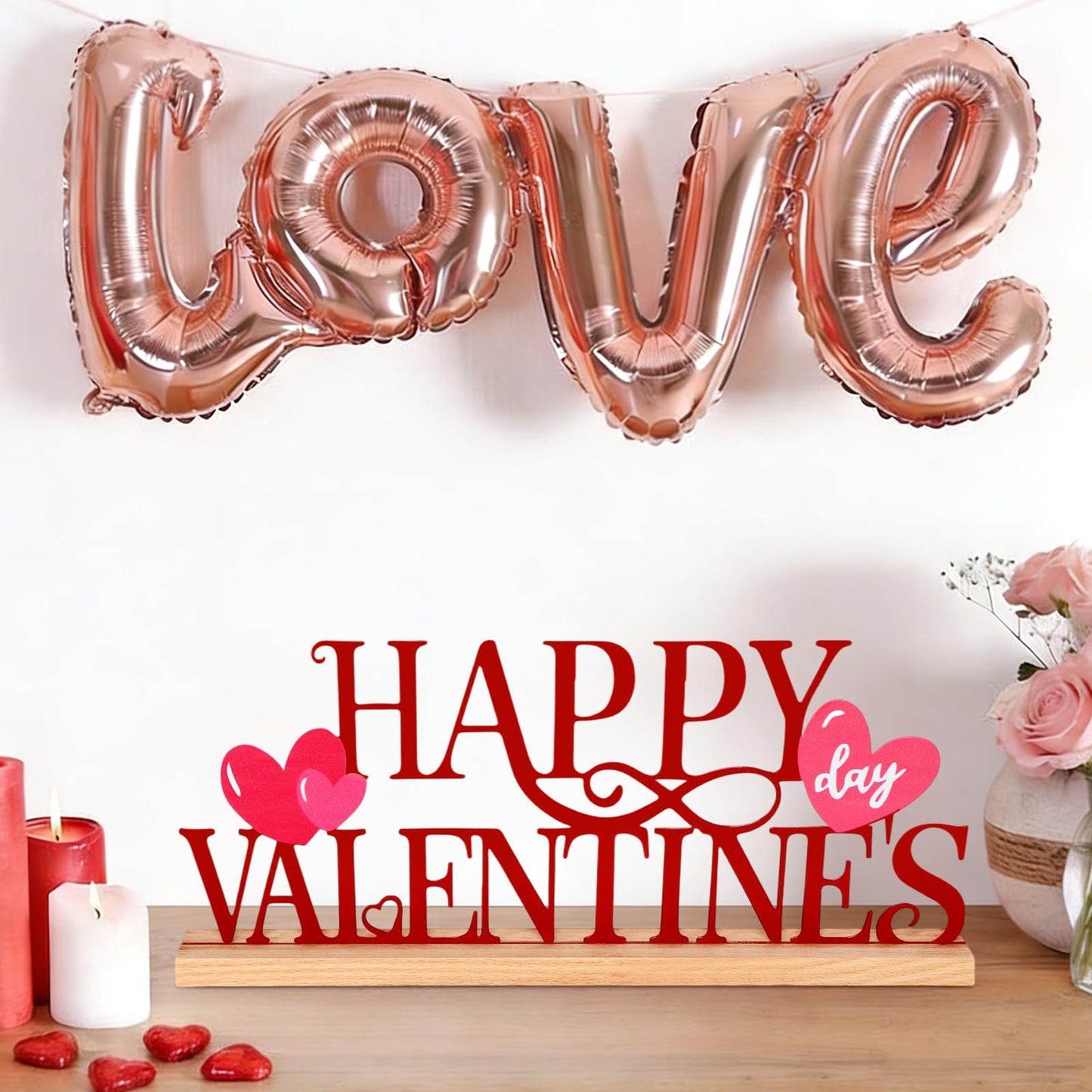 ASTNIC Metal Happy Valentine's Day Sign,Valentines Day Decorations Indoor Romantic Heart Word Valentines Day Table Decorations with Wooden Base for Home Decor Party Wedding Shelf Tabletop Centerpiece Gifts (Red, Happy Valentine’s)