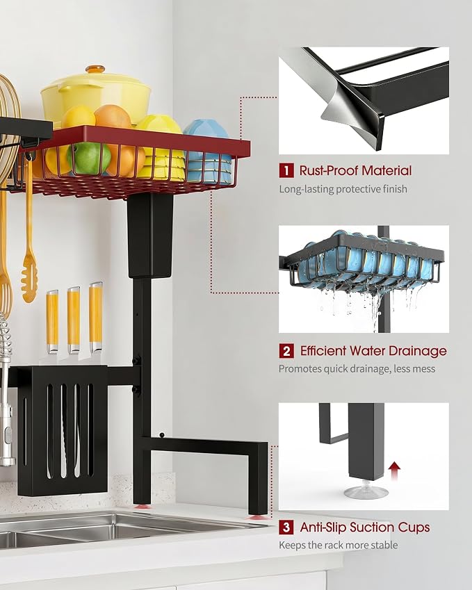 Sakugi Dish Drying Rack - Over the Sink Dish Drainer Drying Rack with Utensil & Knife Holder, Hooks, Stainless Steel Kitchen Organizers and Storage Solution, 11" D x 30.5"~34''W x 21.5" H, Black