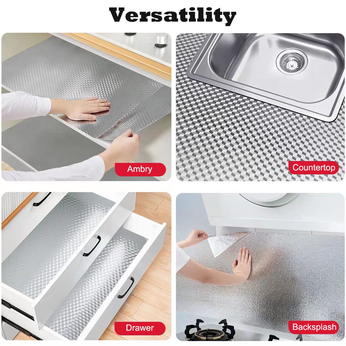 Waterproof & Oil-Resistant Aluminum Foil Peel & Stick Wallpaper - Silver Self-Adhesive Backsplash for Countertops, Cabinets, DIY Projects (Silver Chequer, 15.7"x394")