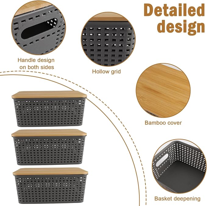 Onion and Potato Storage Bins Set,Potato and Onion Storage Bin for Pantry with Bamboo Lid&Handle,3 Pack Vegetable Storage for Onions,Potatos,Produce,Fruit,Bread,Snack Basket