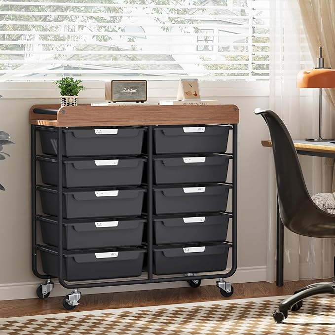 10 Drawers Rolling Cart with Wooden Tabletop, Utility Storage Cart with Wheels, Art Supply Craft Organizer on Wheel with Metal Frame & Handles for Home Office School,Black