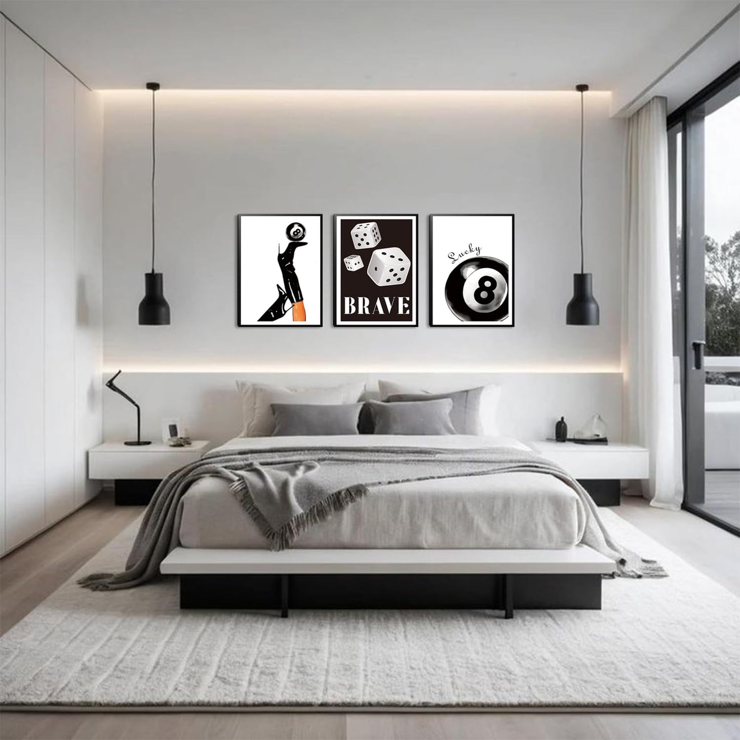 Framed Black And White Dice Wall Art Set of 3, Funky Retro Y2K Trendy Preppy, Lucky 8 Ball Coquette Boots Poster Canvas Prints for Game Room Bedroom Dorm Home Decor 16x12 Inch
