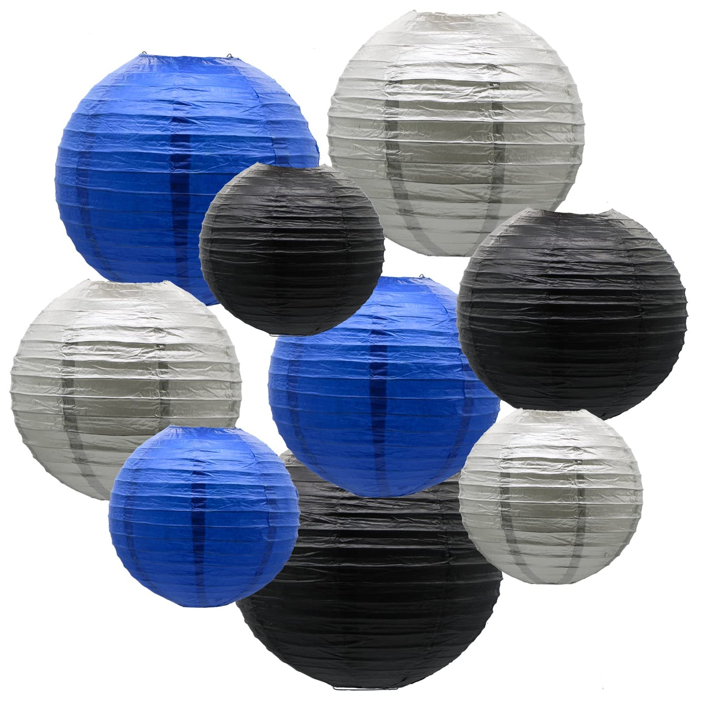 Paper Lanterns Decorative, Round Hanging Lantern for Graduation Wedding Birthday Anniversary Bachelorette Retirement Party Decorations, Navy Blue/Silver/Black 9pcs
