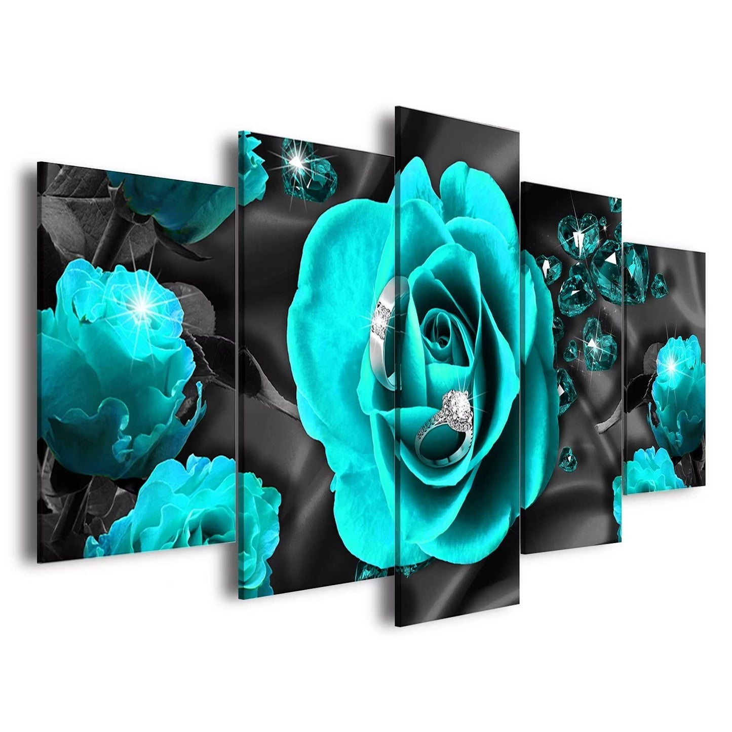 AWLXPHY Decor Teal Rose Wall Art Canvas Painting Framed 5 Panels for Living Room Decoration Modern Blue and Black Rose Stretched Artwork Floral Giclee (Blue, 60"x30")