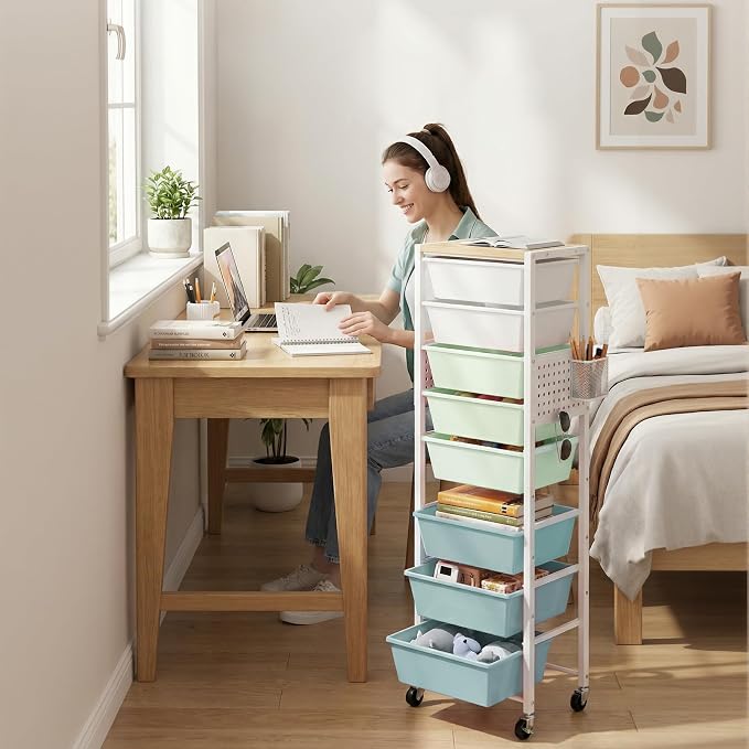 Rolling Cart with Drawers, Rolling Storage Cart with Large Plastic Drawers & Wooden Tabletop, Utility Cart with Pegboards & Basket, Storage Drawers Cart for Living Room, Classroom, Bedroom, Office