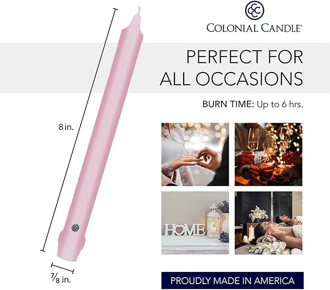 Colonial Candle Unscented Taper Candle, Classic Collection, Persian Pink, 8 in, Pack of 12 - Up to 6 Hours Burn