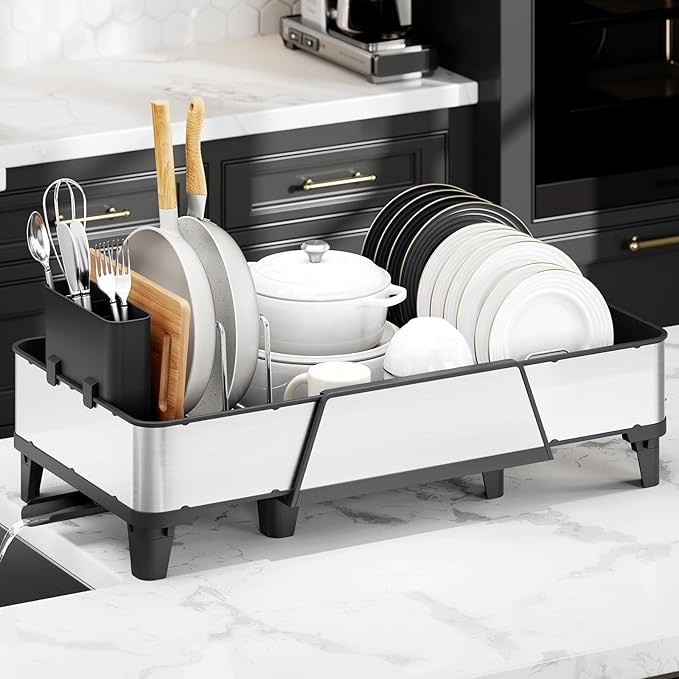 Urackify Large Dish Drying Rack - Triple Expandable Dish Rack for Kitchen Counter, Stainless Steel Sink Organization and Storage Essentials with Utensil & Pans Holder for Home and Appartment, Black