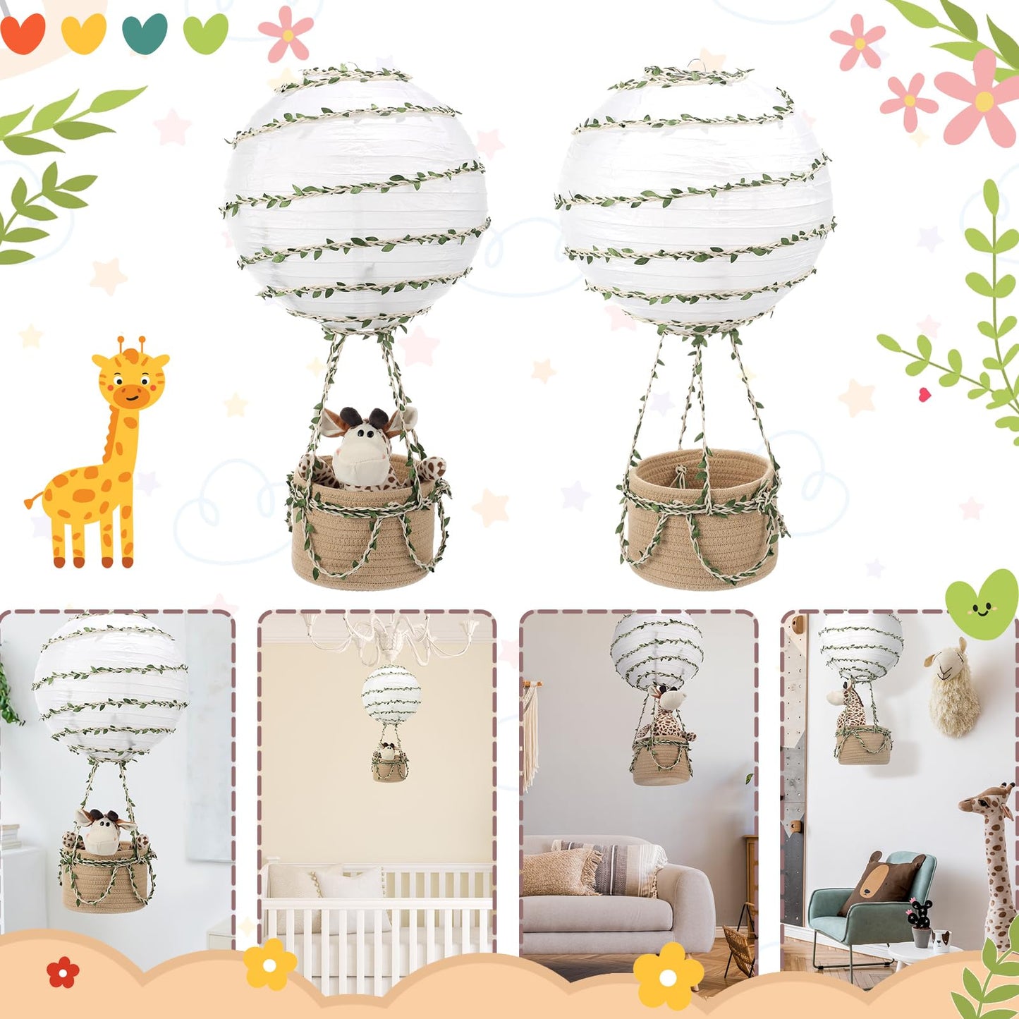 Rossesay Safari Hot Air Balloon Decor Handmade Jungle Hot Air Balloon Nursery Decor Lampshade Nursery Light Shade Include Giraffe for Hanging Room Birthday Party Baby Shower Decorations Gift