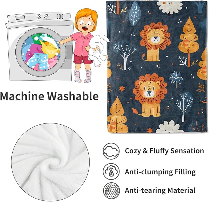 Lion Blanket Cute Cartoon Jungle Tree Throw Blankets,Birthday Gifts for Kids Adult & Animal Lovers,Lightweight Soft Fleece,for Sofa Couch Bed Room Rustic Safari-Themed Decor 50x60in