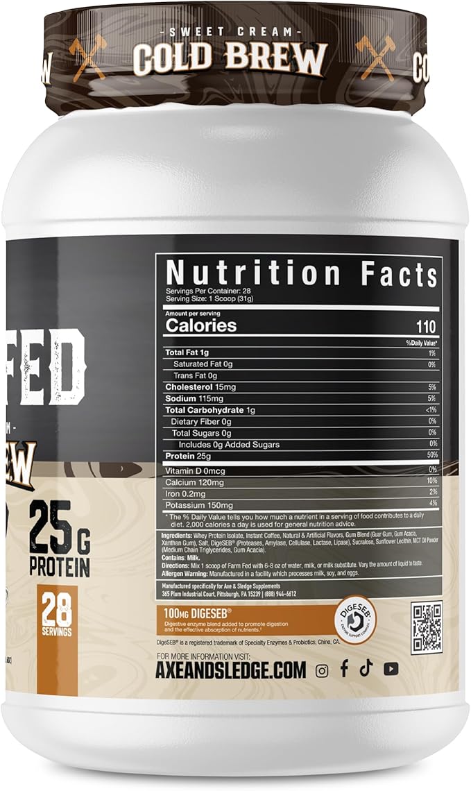 Axe & Sledge Farm Fed 100% Whey Protein Isolate | 25g Protein | Low Carb, Low Sugar, Gluten Free | Protein Powder for Men and Women | Keto | Made in The USA | 28 Servings, Sweet Cream Cold Brew