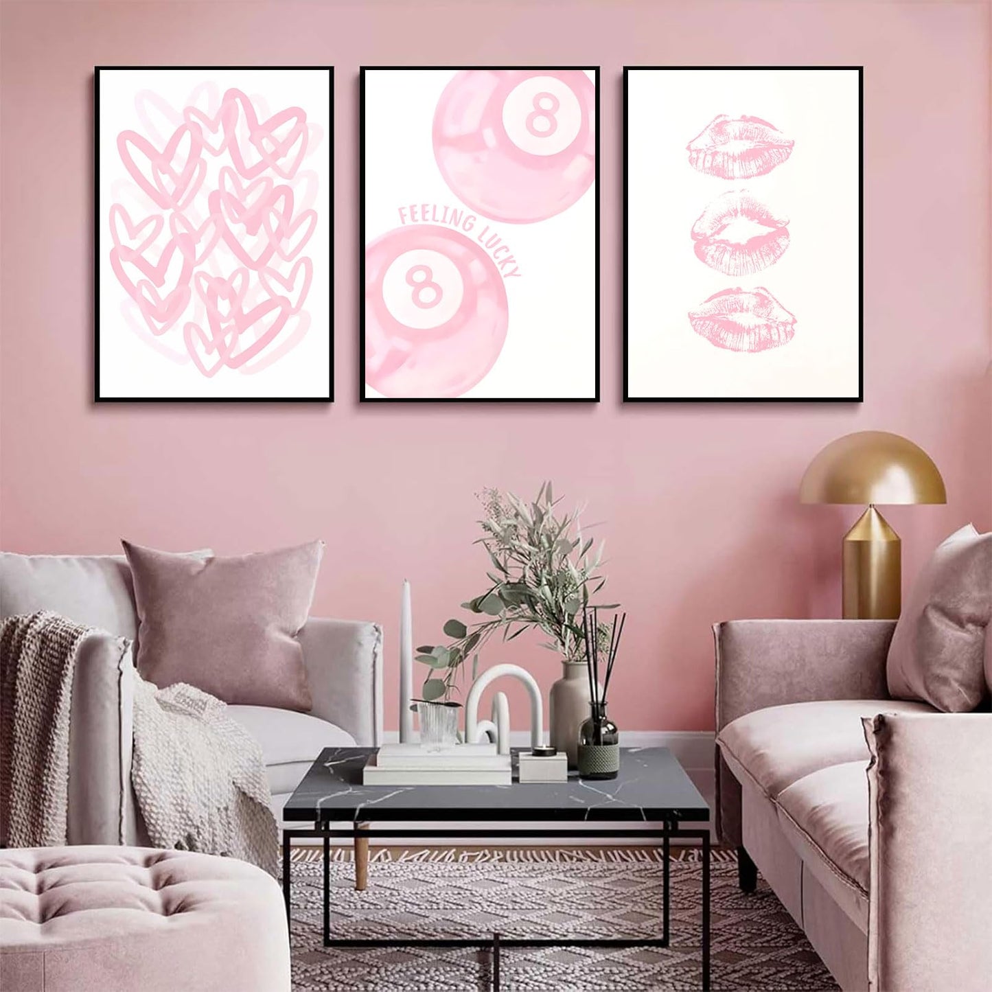 3Pcs Trendy Pink Preppy Canvas Wall Art Light Pink Cute Girly Lips Lucky 8 Ball Hearts Paintings Pictures Wall Decor Coquette Poster Printing Artwork for College Dorm Room Bedroom Home Decoration