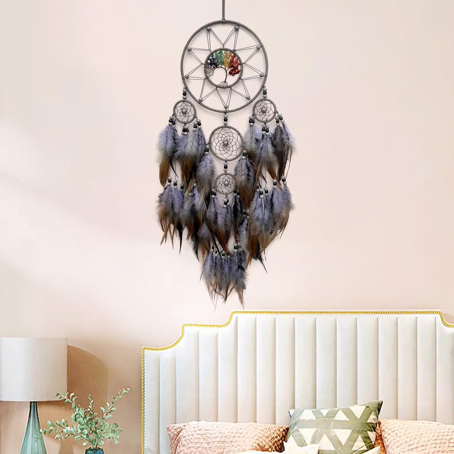 RAGKUU Grey Large Dream Catcher Wall Decor Crystal Tree of Life Dream Catchers Handmade Feather Dreamcatcher Wall Hanging Ornament for Bedroom Living Room Home Decor