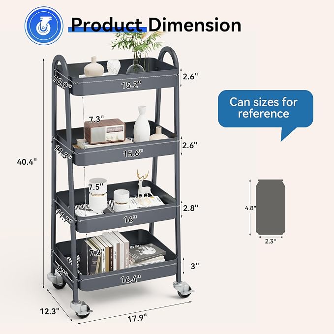 OLIXIS Metal 4 Tiers Utility Rolling Cart, Mobile Storage Shelf with Lockable Caster Wheels, Organization for Livingroom, Bathroom & Narrow Places, 4-Tier Gray