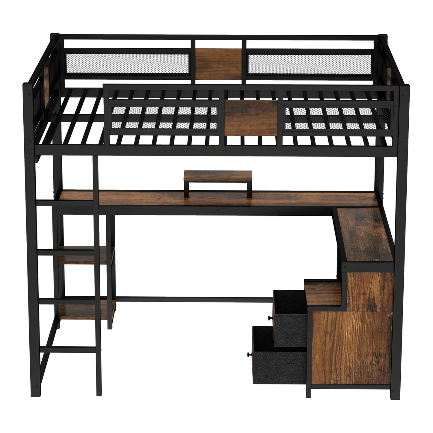 Bellemave Queen Loft Bed with Desk and Fabric Drawer, Metal Queen Loft Bed Frame with guardrail and Ladder for Adults, Kids, Teens, Black