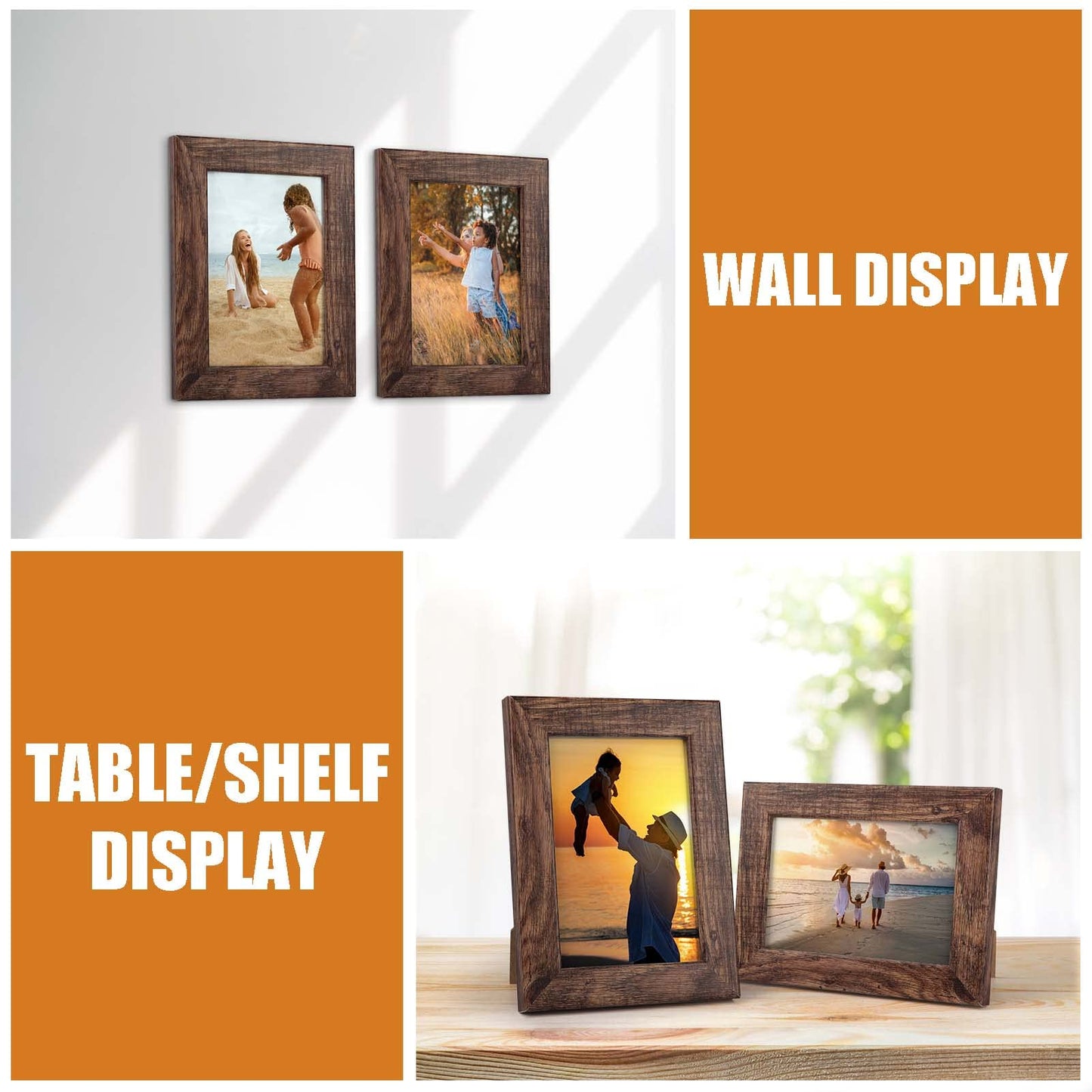 PETAFLOP Wooden 4x6 Picture Frame Set of 7, Rustic Frames Display 4 by 6 Inch Photo for Wall or Tabletop