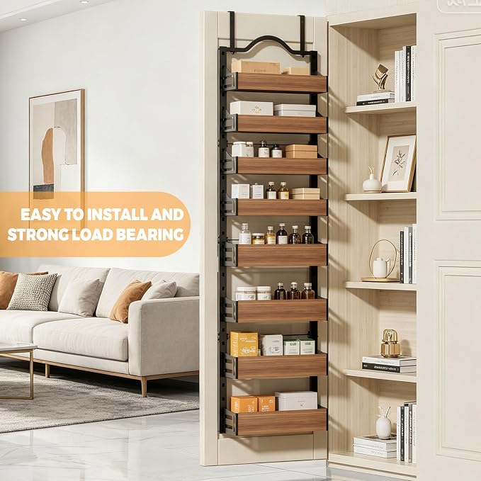 8-Tier Pantry Door Organizer, Over the Door Pantry Organizer with Wooden Adjustable Baskets, 2 IN 1 Spice Rack Wall Mount or Door Organizer, Door Spice Rack（12.4"W x 5.5"D x 66.1"H,1 Pack, Black)