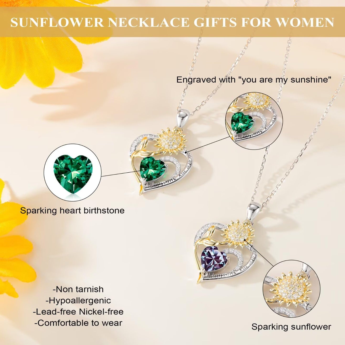 Iefil Mothers Day Gifts for Wife - 925 Sterling Silver Sunflower Necklace May Simulated Emerald Necklace Birthday Mothers Day Gifts for Mom Daughter