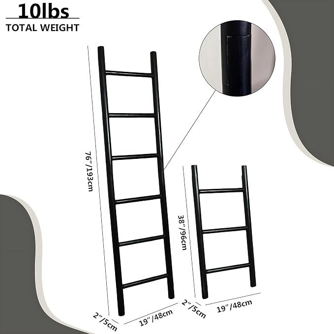 Wooden Blanket Ladder - 76in Natural & Motley Wood - Leaning Wall Decor for Bedroom, Bathroom, Living Room - Rustic Quilt Holder & Towel Rack (Black, 76in | Pre Assembled)