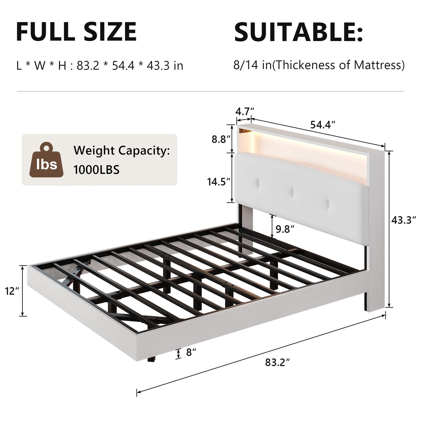 Einhomn Floating Bed Frame Full with 2-Tier Storage Velvet Fabric Upholstered Headboard, Wooden Platform Bed Frame w/Charging Station & LED Lights, Metal Slats Support, No Box Spring Needed, White