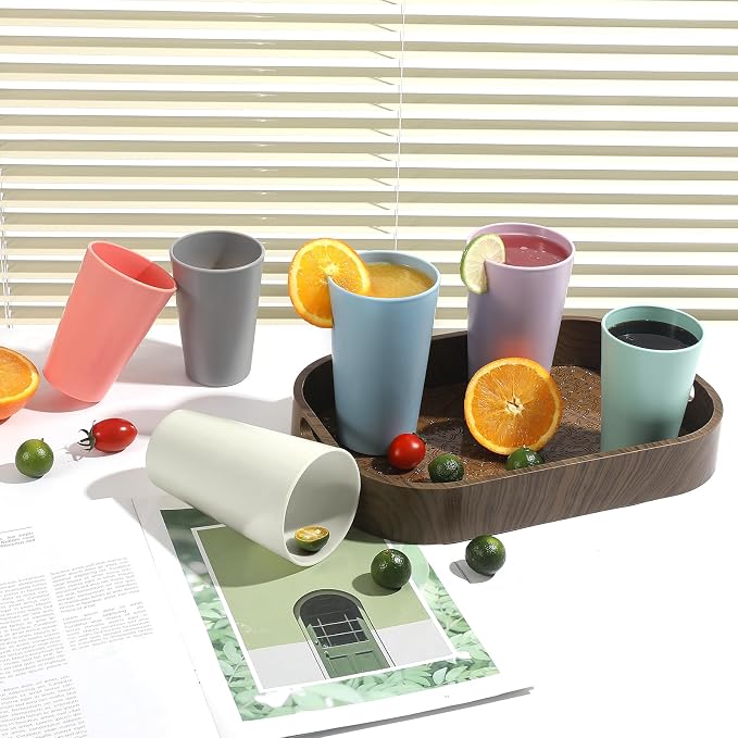 24 Pcs Unbreakable Plastic Cups Set, 20 oz Reusable Plastic Cups, Stackable Water Tumblers, Drinking Cup for Kitchen, Outdoor, BPA-free, Dishwasher Refrigerator and Microwave Safe (20 oz, 4 Colors)