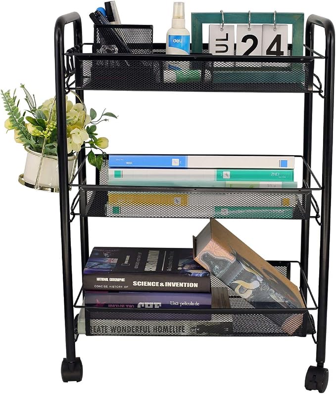 3-Tier Mesh Rolling Cart - 24.8" H Fits Under Desk Metal Cart with Wheel | Hold 35bls/Tier Small Space Storage Organizer Crafts Utility Cart for Office Pantry Bathroom Kitchen Laundry, Black