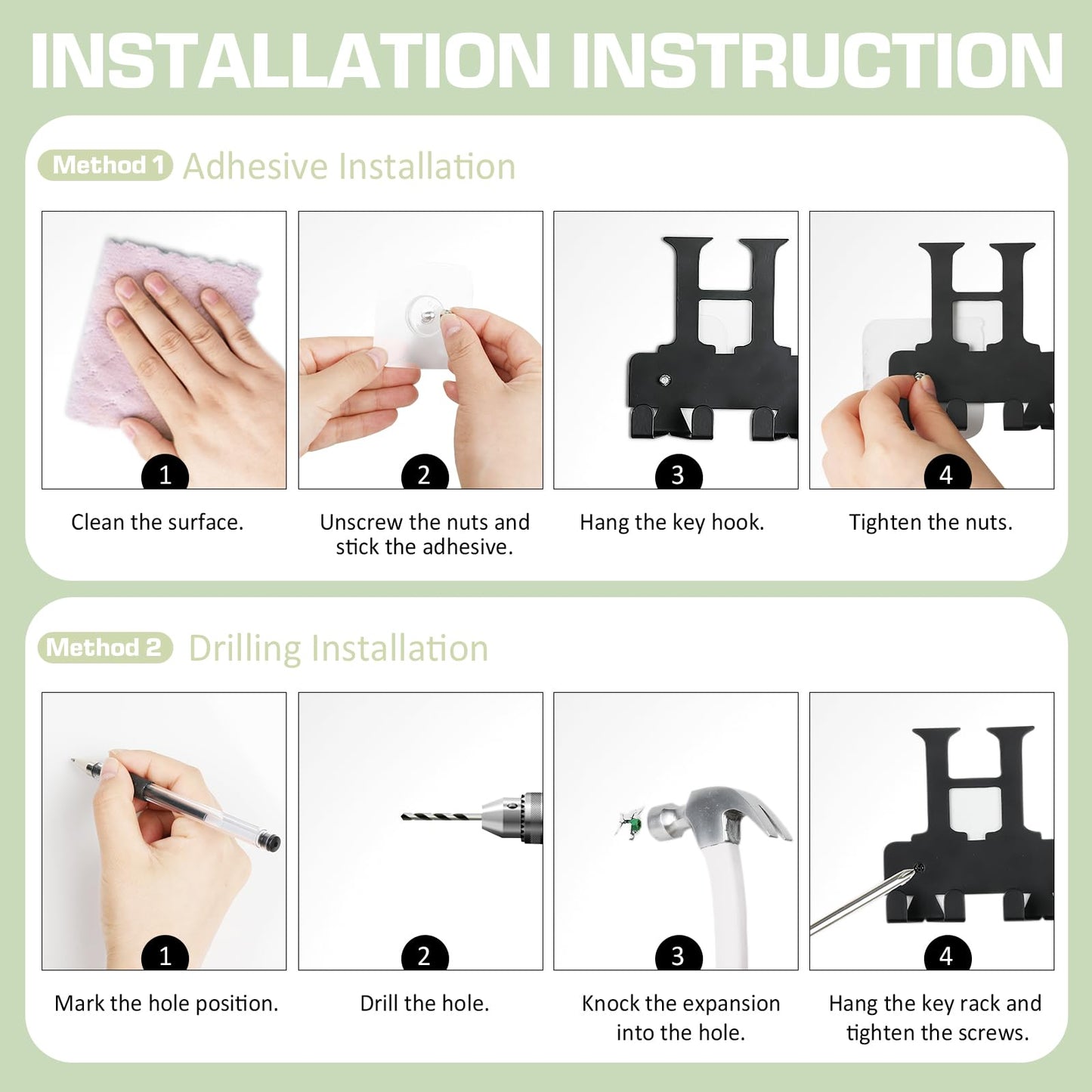 HOMEBROS Key Holder Wall Mount, Adhesive Metal Key Hanger with 6 Double Hooks, 2 Installation Methods, Black