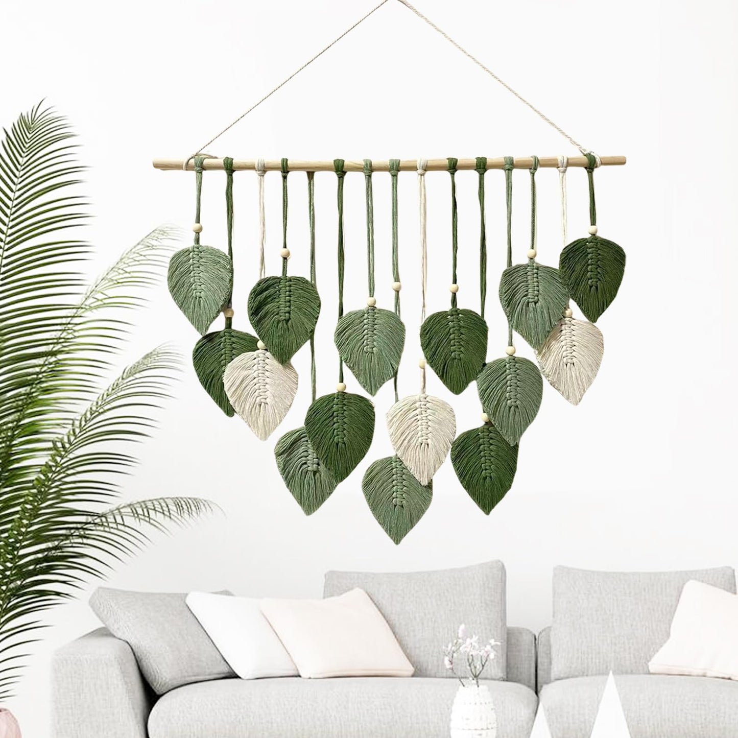 MSFENG Wall Hanging Decor Leaves Tapestry Boho Wall Decor Woven Feather Handmade Yarn Tassels Woven Wall Art Decorations for Nursery, Bedroom, Living Room, Apartment Home Backdrop (LightGreen-M)